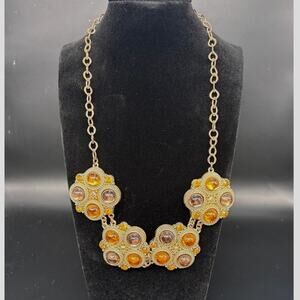 Gold Tone Statement Necklace - Amber Orange Stones - 20" - Bold & Elegant